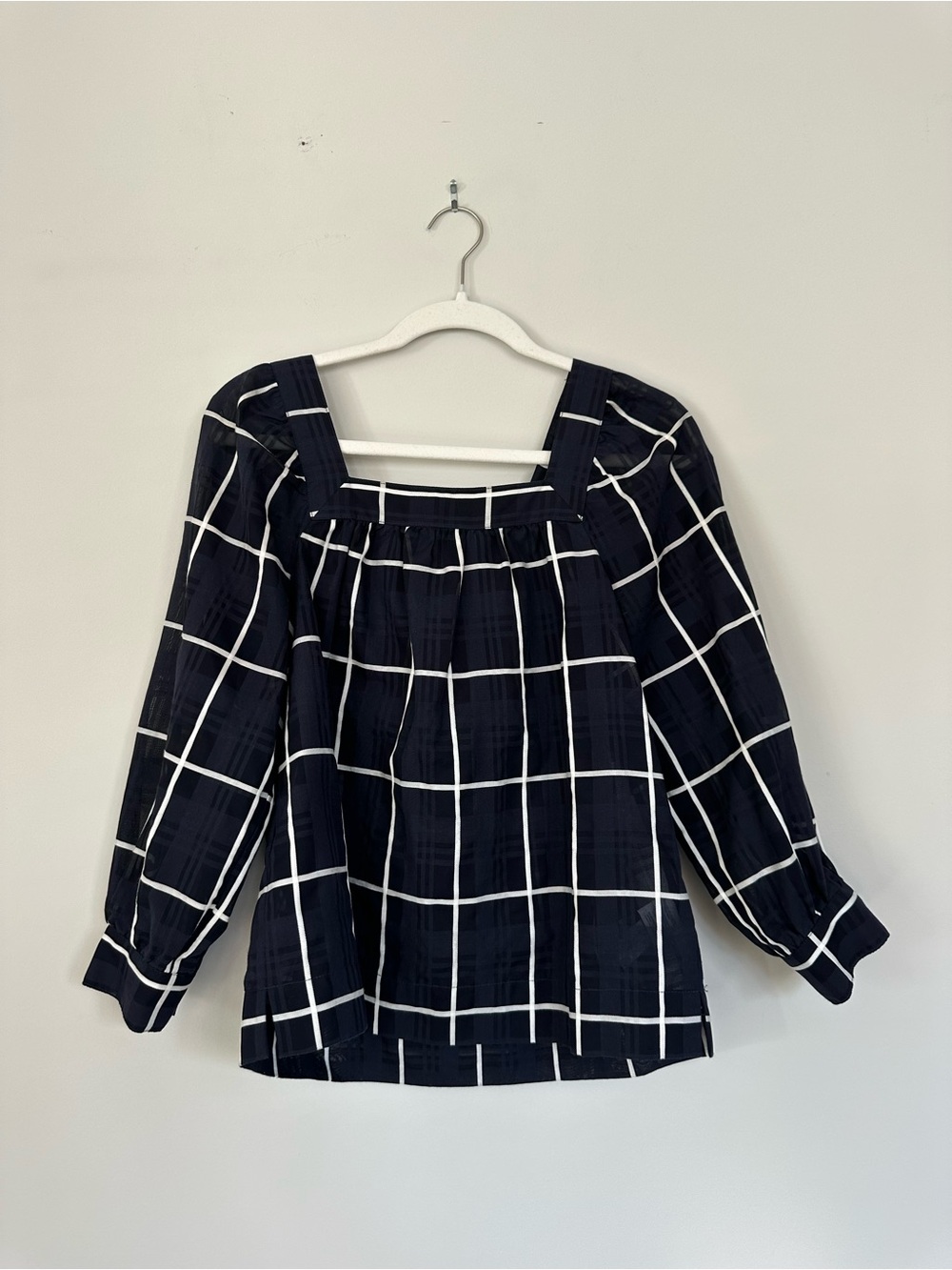 J. Crew Navy and White Windowpane Square-Neck Blouse
